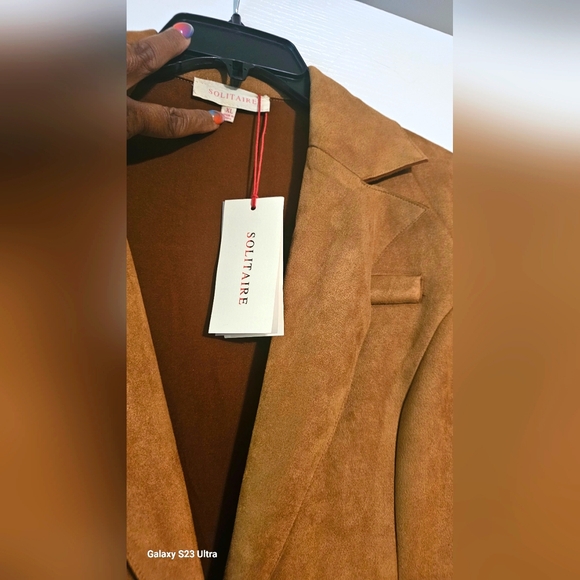 NEW Solitaire Brown Faux Suede Long Jacket Single Button - Picture 2 of 8